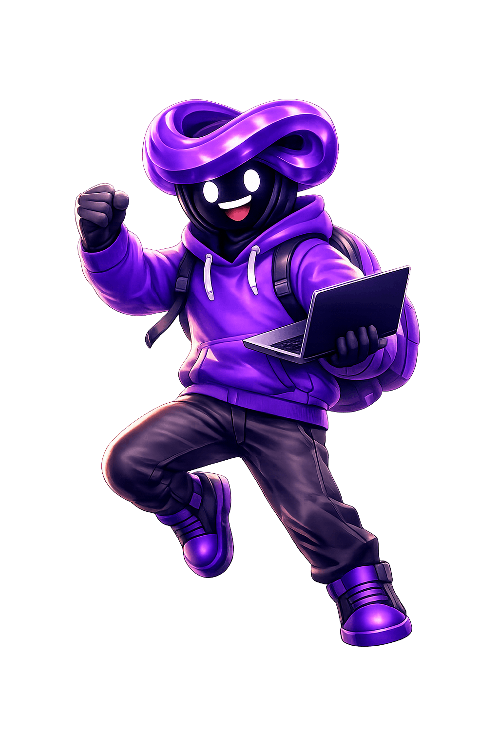 Purple student mascot pointing toward the next step